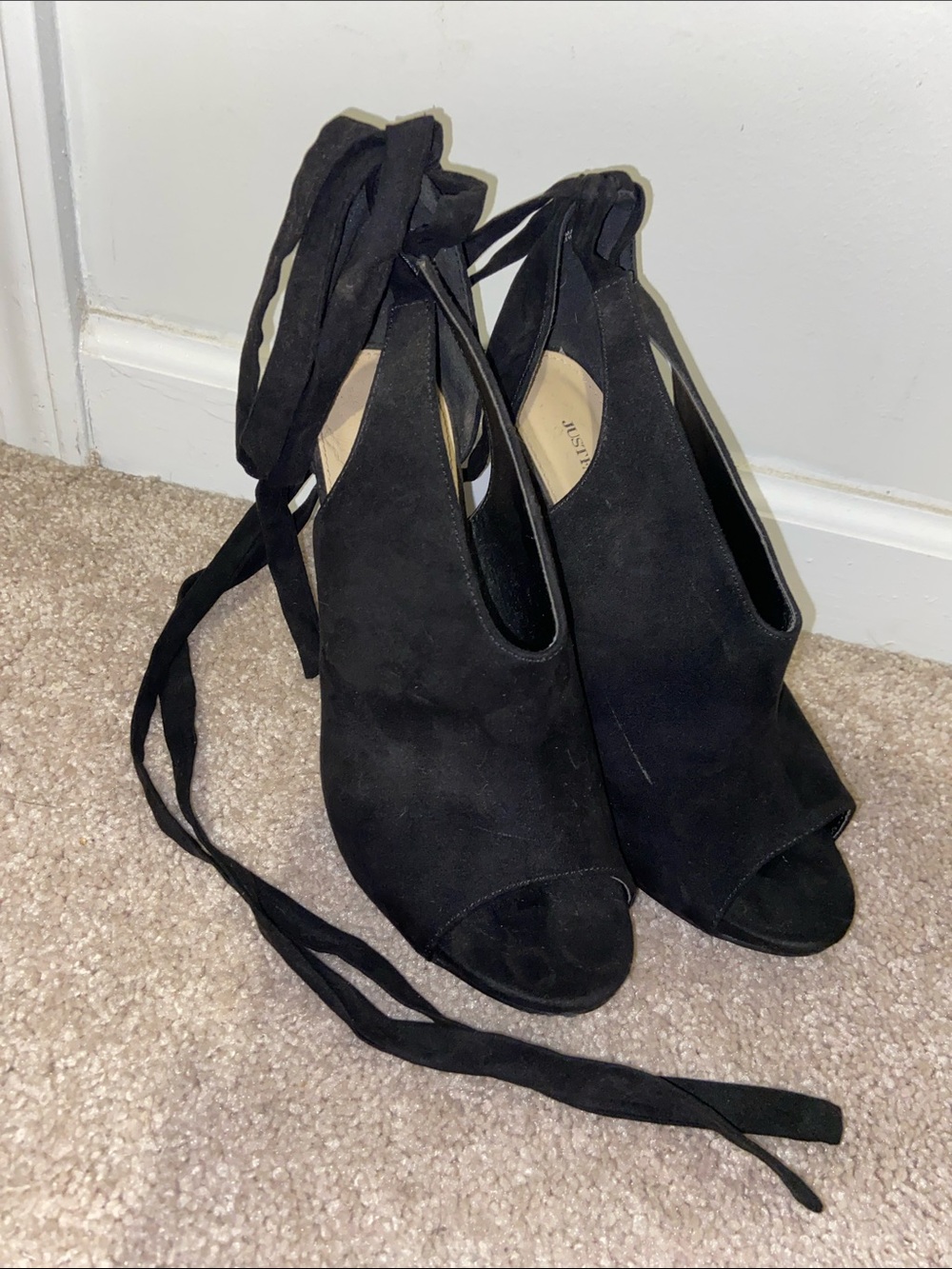 JustFab Black Suede Lace-Up Peep Toe Stilettos